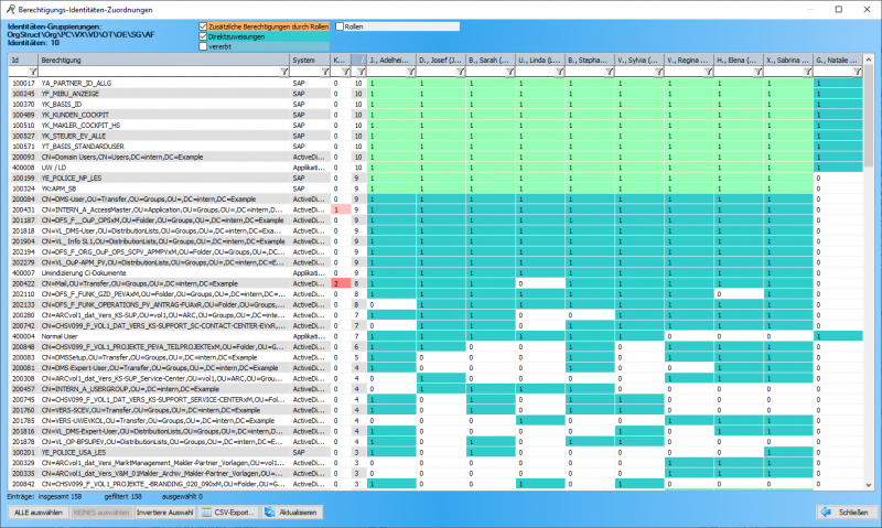 RoleManager Regular Edition - Matrix-Darstellung von Berechtigungszuordnungen